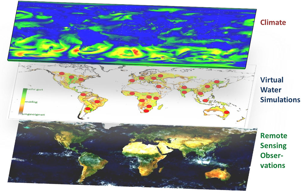 Fig.1: The global remote sensing based monitoring approach to green and blue water flows, water use efficiency and agricultural yield. Global climate data is dynamically downscaled and drives an ensemble of high resolution agro-hydrological model runs at selected test sites. In order to get global and actual data on water use their dynamic growth curves are compared with high resolution COPERNICUS Sentinel remote sensing data to determine green and blue water flows, water use efficiency and agricultural yield on a field basis on the test sites and to scale them up to global cropland area.
